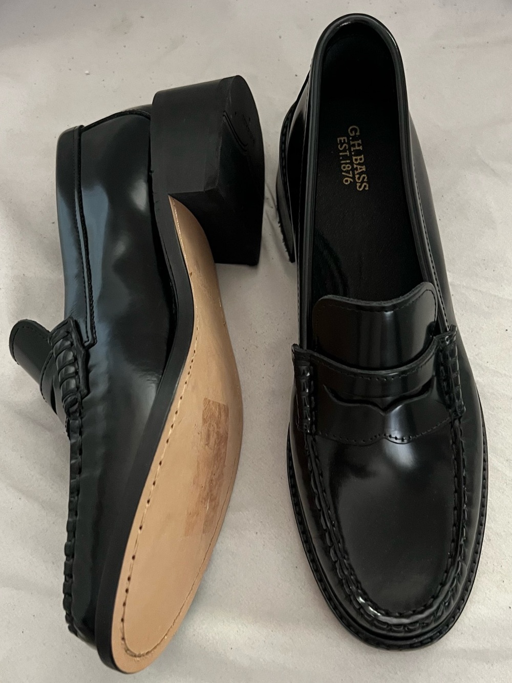 G.H. Bass WHITNEY BLACK LEATHER LOAFER BLOCK HEEL SHOE 9 $200 NEW - Picture 11 of 12